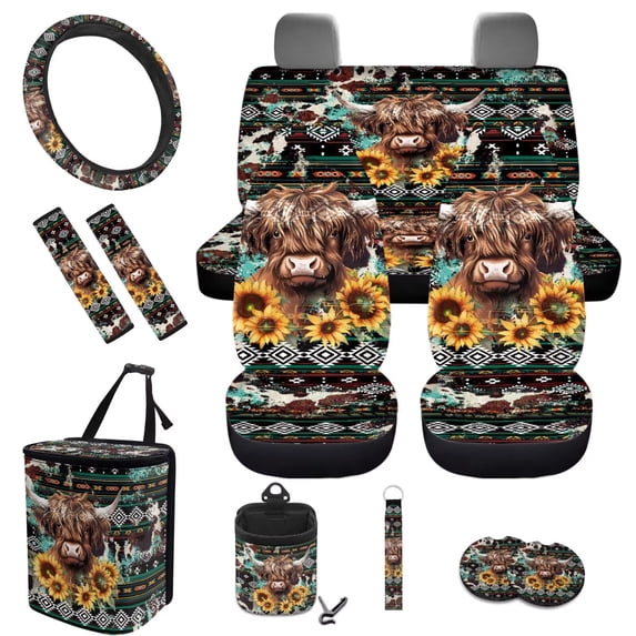 Jeiento Highland Cow Car Accessories Interior Seat Covers with Steering Wheel Cover Seatbelt Covers Trash Bag Cup Holders Keychain Southwest Aztec Air Vent Storage Bag Auto Decoration 12 Pack