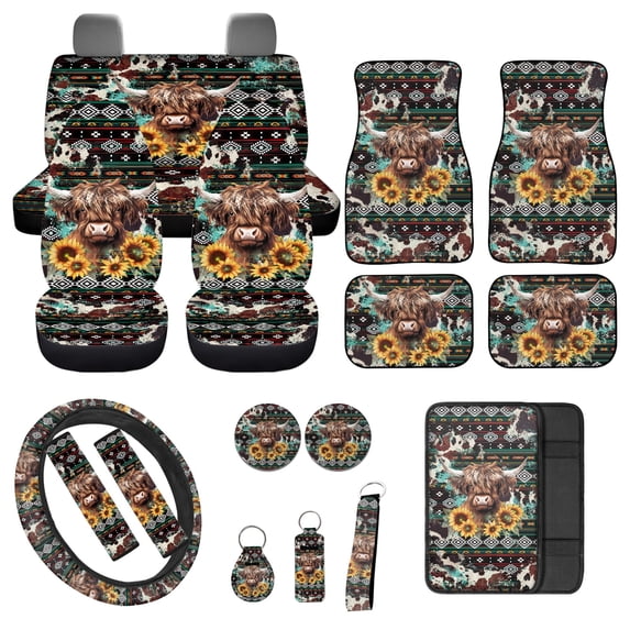 Jeiento Highland Cow Car Interior Cover Sets, Southwest Aztec Front Rear Seat Cover with Steering Wheel Covers Floor Mats Car Seat Belt Pads Center Console Covers Cup Coaster Keychain, Set of 17