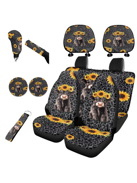 Highland Cow Car Seat Cover Full Set 11 Pieces, with Auto Seat Cover Gear Shift Knob Cover Handbrake Cover Leopard Print Headrest Covers Keychain Coaster Universal Fit SUV Truck Van Sedan