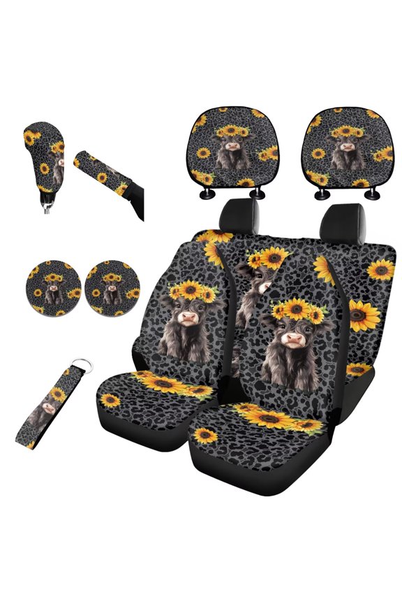 Highland Cow Car Seat Cover Full Set 11 Pieces, with Auto Seat Cover Gear Shift Knob Cover Handbrake Cover Leopard Print Headrest Covers Keychain Coaster Universal Fit SUV Truck Van Sedan