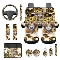 Jeiento Highland Cow Car Seat Cover Full Set of 13 Southwest Aztec Steering Wheel Cover Sunflower Seatbelt Pads Auto Armrest Cover Coasters Key Chain for Van SUV Sedan Truck Interior Auto Accessory