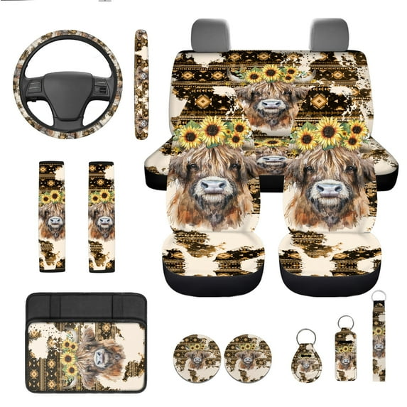 Jeiento Highland Cow Car Seat Cover Full Set of 13 Southwest Aztec Steering Wheel Cover Sunflower Seatbelt Pads Auto Armrest Cover Coasters Key Chain for Van SUV Sedan Truck Interior Auto Accessory