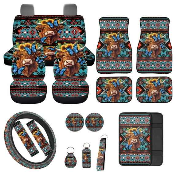 Jeiento Highland Cow Car Seat Cover Full Set, Southwest Aztec Car Front Rear Seat Covers Butterfly Floor Mats Center Console Pad Safety Belt Pad for Vehicle Truck Sedan SUV, Car Decor