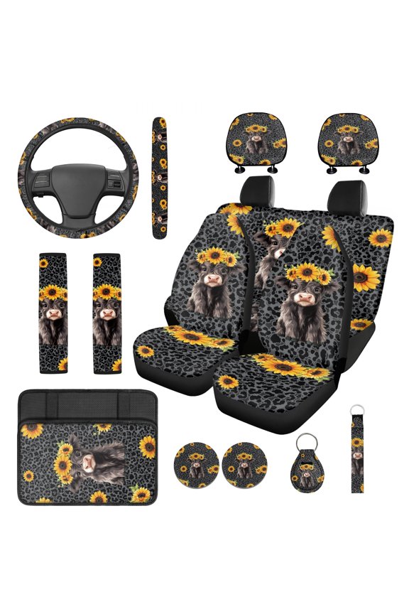 Highland Cow Car Seat Cover Full Set with Steering Wheel Cover Black Leopard Print Seat Belt Strap Pads Cup Coasters Armrest Cover Pad Auto Head Rest Cover Keychain, Set of 14