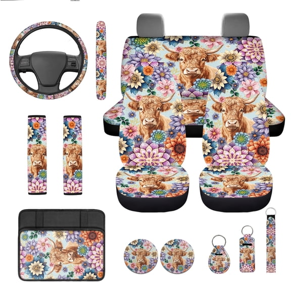 Jeiento Highland Cow Car Seat Cover Full Set with Steering Wheel Cover Seat Belt Cover Armrest Cover Dahlia Coaster Auto Keychain Holder Lip Balm Holder, 13 PCS Automobile Accessories Decor