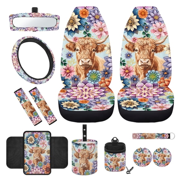 Jeiento Highland Cow Car Seat Cover Set 12 PCS with Bucket Seat Covers Steering Wheel Cover Seat Belt Pad Armrest Cover Dahlia Garbage Bin Air Vent Pocket Rearview Mirror Cover Coaster Keychain