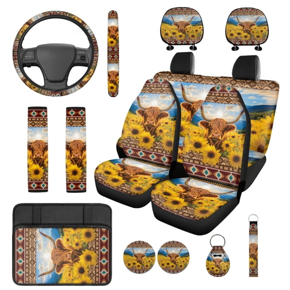 Jeiento Highland Cow Car Seat Cover Set of 14 Steering Wheel Cover Southwest Aztec Headrest Covers Sunflower Seat Belt Covers Center Console Pad Keychain Coasters Auto Interior Accessories Decor