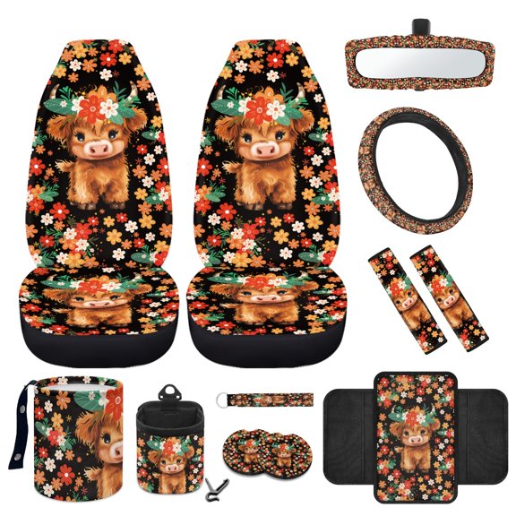 Jeiento Highland Cow Car Seat Cover Set with Steering Wheel Cover Seat Belt Pads Center Console Pad Trash Bin Phone Holder Rearview Mirror Cover Flower Cup Holder Key Chain, 12 PCS