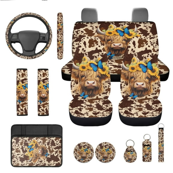 Jeiento Highland Cow Car Seat Covers Front Rear Full Set Steering Wheel Cover Seat Belt Pads Brown Cow Print Armrest Cover Cup Holders Keychain, 13 PCS Automobile Accessory