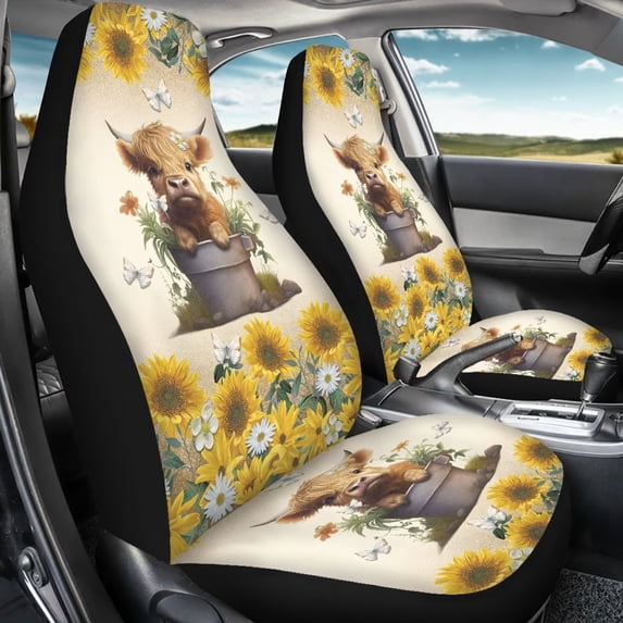 Jeiento Highland Cow Car Seat Covers Front Seats Only Sunflower 2 PCS Set Vehicle Seat Covers for Most Cars SUV Sedan Truck