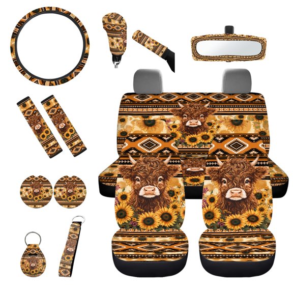 Jeiento Highland Cow Car Seat Covers Full Set with Steering Wheel Cover Southwest Aztec Seat Belt Covers Sunflower Coasters Auto Rear View Mirror Covers Key Chain Handbrake Cover Set, 14pcs
