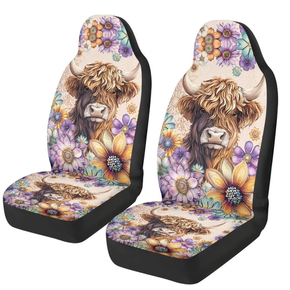 Jeiento Highland Cow Car Seat Covers Set of 2 Auto Front Seat Covers Boho Flower Bucket Seats Protective Cover Easy to Install Removable Cars Accessory Decoration