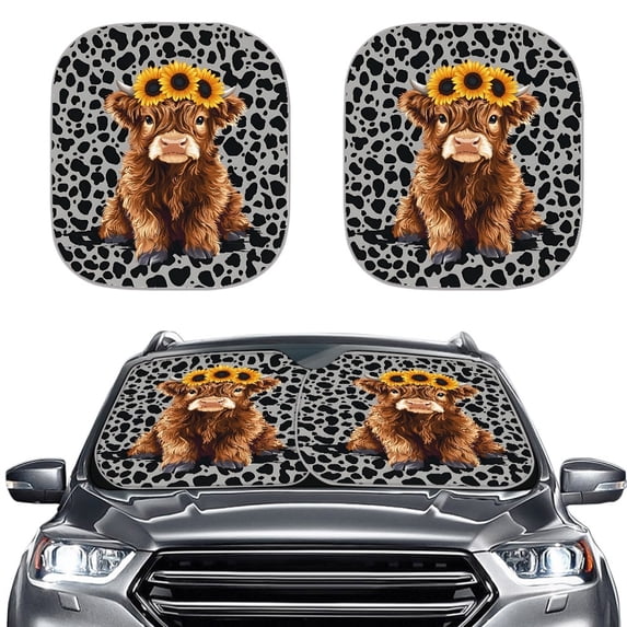 Jeiento Highland Cow Leopard Car Sun Shade for Windshield Sun Shield for Front Window Blocks UV Rays Soft Heat Reflector-Keep Your Vehicle Cool Car Interior Accessories for Sun Heat