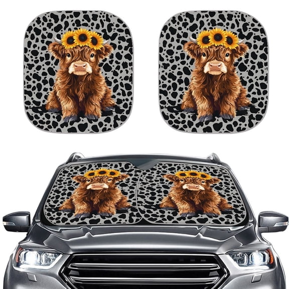 Jeiento Highland Cow Leopard Car Sun Shade for Windshield Sun Shield for Front Window Blocks UV Rays Soft Heat Reflector-Keep Your Vehicle Cool Car Interior Accessories for Sun Heat