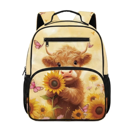 Jeiento Highland Cow Lightweight Toddler Backpack for Preschool, 13.5 Inch School Bag for 3-5 Year Old Kids, Bookbag with 2 Front Pockets & Mesh Sides