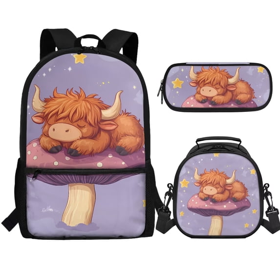Jeiento Highland Cow School Backpack for Girls 4-6 6-8 Kids Bookbag with Lunch Box 3Pcs Set Elementary School bag Lunch Bag Pencil Case Boys Mushroom Preschool Back Packs Satchel Purple