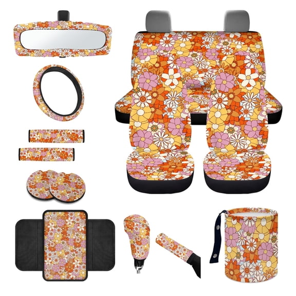 Jeiento Hippie Floral Car Seat Covers Full Set with Steering Wheel Cover Safe Belt Pads Handbrake Cover Set Coasters Trash Can Rear View Mirror Cover Car Center Console Cover, Set of 14