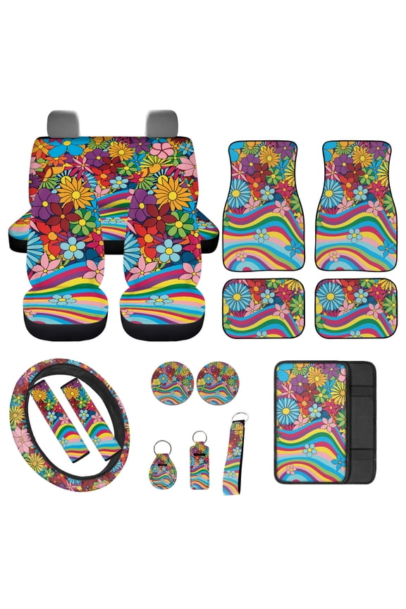 Hippie Flower 17 Piece Car Seat Cover Full Sets Car Accessories Set Car Front and Back Floor Mats Steering Wheel Covers Armrest Cover Car Seat Belt Covers Coaster Keychain