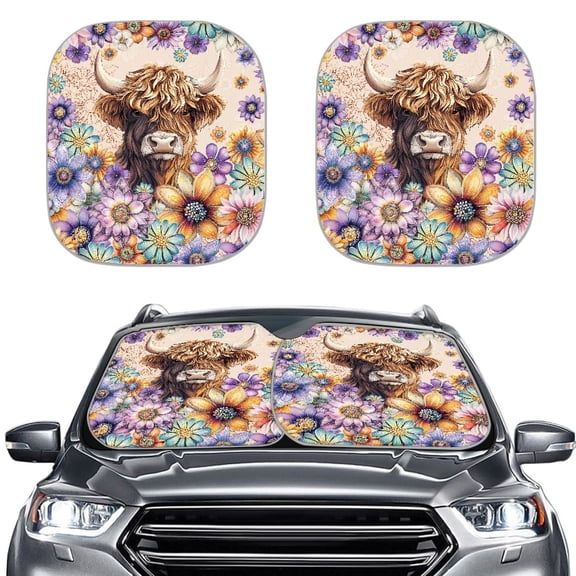 Jeiento Hippie Flower Highland Cow Car Window Shades Foldable Automotive Interior Accessories for Sun Protection Heat and UV Rays That Keeps Vehicle Cool Universal Fit Most Cars Men