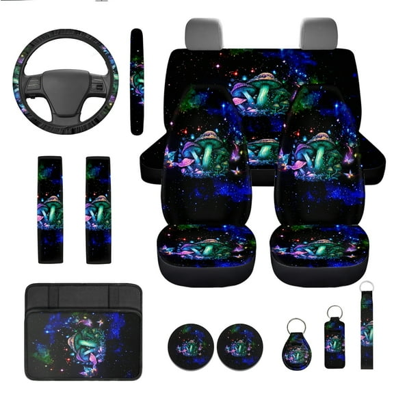 Jeiento Hippie Mushroom Car Seat Cover Full Set of 13 Steering Wheel Cover Seatbelt Pads Auto Armrest Cover Coasters Key Chain for Van SUV Sedan Truck