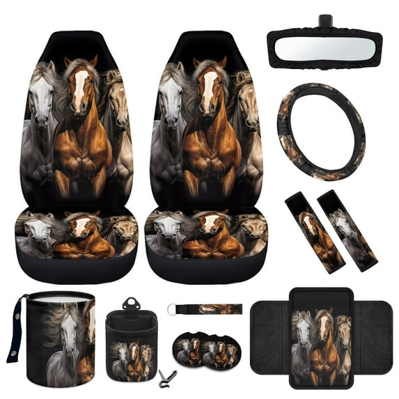 Jeiento Horse 12 PCS with Bucket Seat Covers Steering Wheel Cover Seat Belt Pad Armrest Cover Garbage Bin Air Vent Pocket Rearview Mirror Cover Coasters Keychain Black Auto Accessory Interior