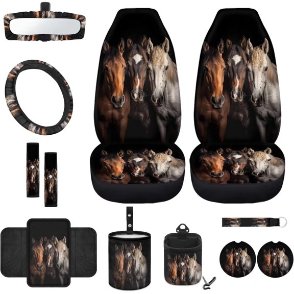 Jeiento Horse 12 Pcs Front Car Seat Cover Set with Bucket Seat Cover Steering Wheel Cover Seat Belt Pad Armrest Cover Coaster Trash Bag Air Vent Bag Rearview Mirror Cover Keychain Auto Accessory