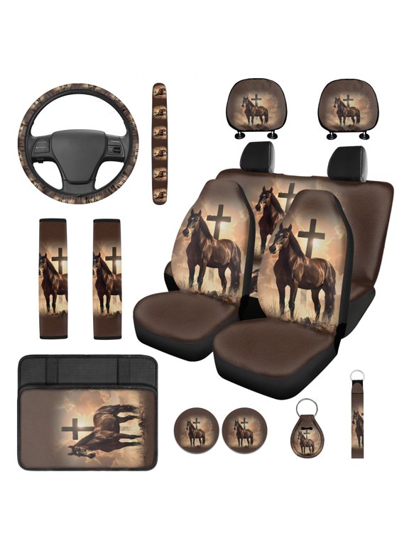 Horse 14 Piece Car Seat Covers Full Set Cross Print Steering Wheel Cover Seat Belt Pads Armrest Cover Headrest Covers Coasters Automobile Accessory Interior Decor