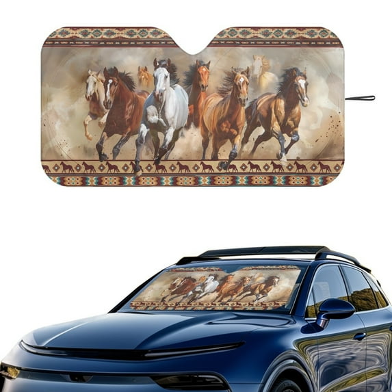 Jeiento Horse Aztec Car Sun Shade for Windshield Foldable Sunshade Front Window Cover Sun Visor Heat and UV Rays That Keeps Vehicle Cool Universal Vehicle Accessories