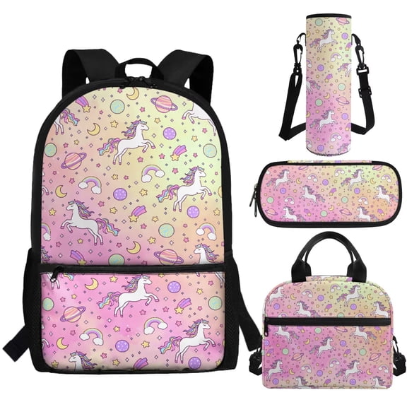 Jeiento Horse Backpack and Lunch Box for Girls 7-8 Pink Book Bags 4 Piece Student Bookbag with Lunch Bag Pencil Case Water Bottle Bag Primary School Bag for Kids 5th Grade