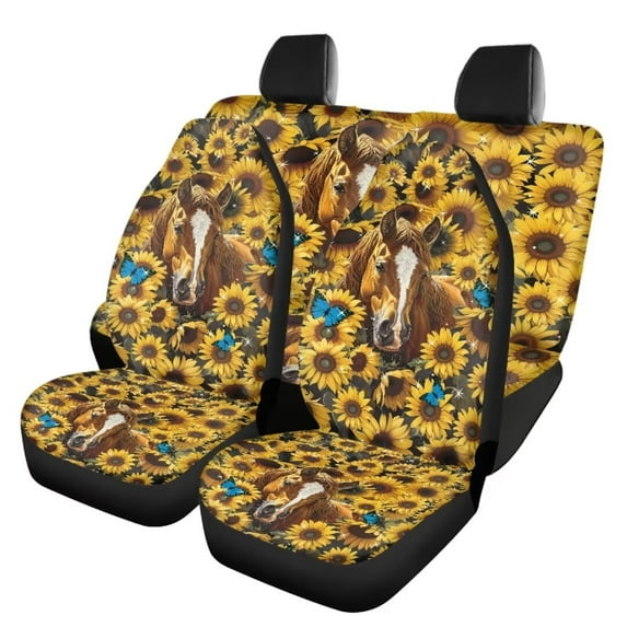 Jeiento Horse&Butterfly Car Seat Protectors Full Set Yellow Sunflower Front Seat Covers for Cars with Split Rear Bench Back Seat Cover,Easy to Install,4 Piece Set