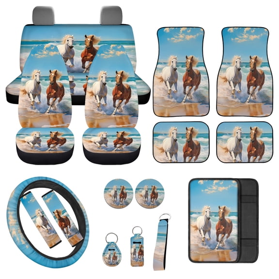 Jeiento Horse Car Accessories Full Set for Women Men, Automotive Vehicle Seat Cover, Decorative Car Floor Mat Beach Style Steering Wheel Cover Blue Sky Center Console Pad for SUV Van Truck Sedan