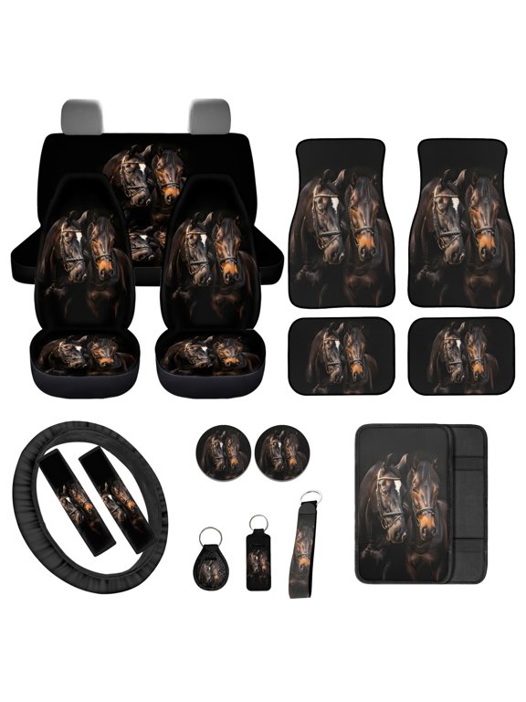 Horse Car Interior Cover Sets, Front Rear Seat Covers with Steering Wheel Cover Floor Mats Seat Belt Pads Center Console Covers Cup Coaster Keychain, Set of 17