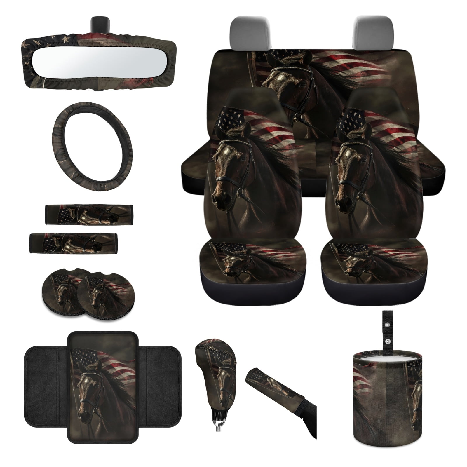 Jeiento Horse Car Seat Cover Full Set of 14 Car Seat Protector Auto Steering Wheel Cover Seatbelt Pads Armrest Cushion American Flag Trash Can Rearview Mirror Cover Handbrake Cover Set Coasters