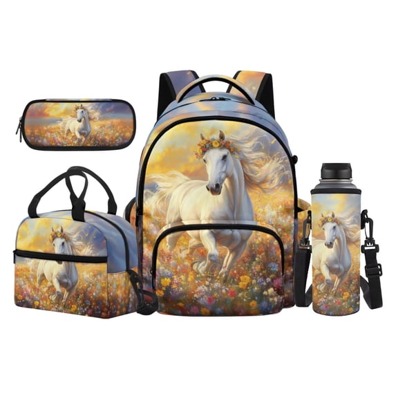 Jeiento Horse Flowers 17 Inch Schoolbag Set 4-Piece Lunch Bag Pencil Case Water Bottle Holder Lightweight Large Capacity Backpack for Boys Girls Students Back to School