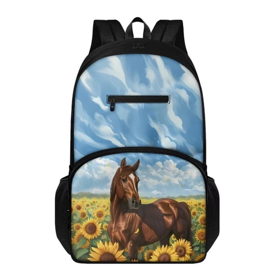 Jeiento Horse School Backpack for Boys 8-12 Blue Sky Elementary Bookbag Sunflower Student Bags with Adjustable Padded Shoulder Straps