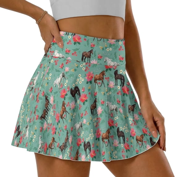Jeiento Horse Skirts for Women High Waisted Stretchy Tennis Skort with Built-in Shorts Flower Athletic Casual Golf Skort Size L