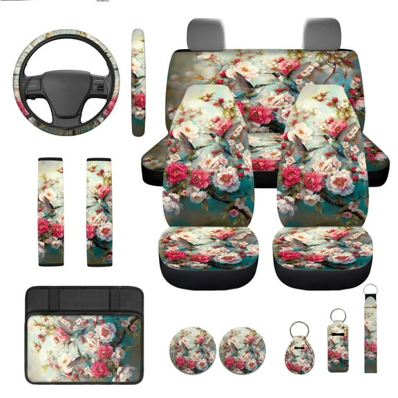 Jeiento Hummingbird 13 PCS Car Seat Cover Set Floral Steering Wheel Cover Seat Belt Strap Pads Cup Coasters Armrest Cover Pad Key Ring for SUV Truck Van Sedans Interior Auto Accessory