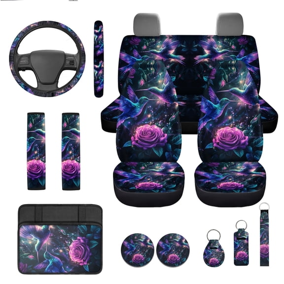 Jeiento Hummingbird 13 Pcs Car Accessories Full Set for Women Girly Rose Car Seat Cover Steering Wheel Cup Holder Armrest Pad Keychain Lipstick Holder Fit for Most Cars Truck SUV Van Sedan