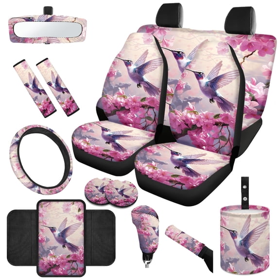 Jeiento Hummingbird 14 Pcs Car Seat Covers Set 1 Steering Wheel Cover 1 Car Trash Can 2 Seat Belt Cover 2 Coasters 1 Armrest Cover 2 Handbrake Cover 1 Rearview Mirror Cover Floral Auto Accessory
