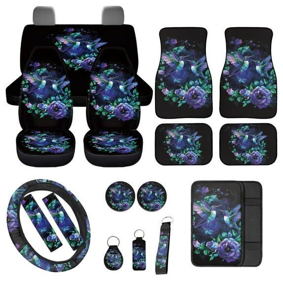 Jeiento Hummingbird 17 Piece Car Seat Covers With Floor Mats, Steering Wheel Cover, Armrest Pad, Seat Belt Covers, Flower Coaster, and Keychain, Universal Fit for Most Vehicles