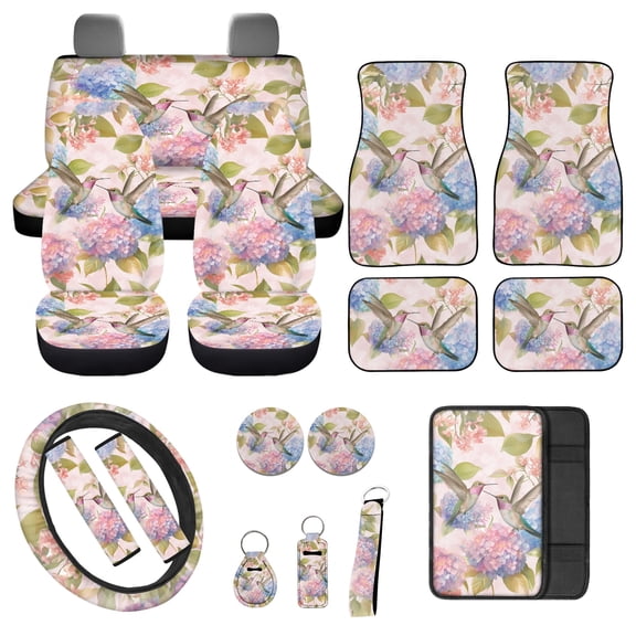 Jeiento Hummingbird 17 Piece Car Seat Covers Full Set Car Floor Pads with Steering Wheel Cover Armrest Cover Seat Belt Covers Cup Mats Hydrangea Keychain, Universal Auto Interior Accessories