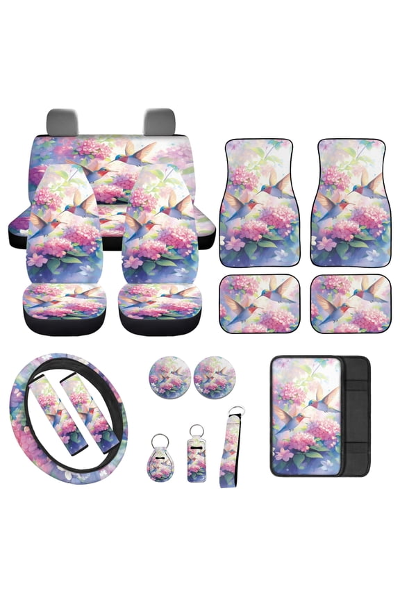 Hummingbird Auto Interior Accessories Set, 17 Piece Front and Rear Car Seat Covers Full Set with Seat Belt Pads Armrest Cover Steering Wheel Cover Hydrangea Floor Mats