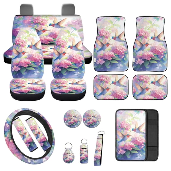 Jeiento Hummingbird Auto Interior Accessories Set, 17 Piece Front and Rear Car Seat Covers Full Set with Seat Belt Pads Armrest Cover Steering Wheel Cover Hydrangea Floor Mats