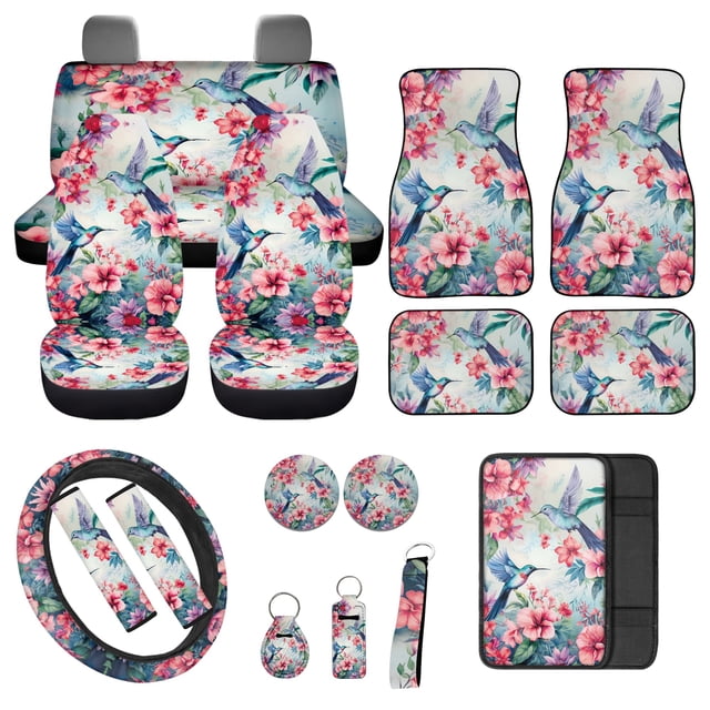 Jeiento Hummingbird Automotive Seat Covers Full Set for Women Girls, 17 Pcs Car Interior Decorative Accessories Include Flower Car Seat Covers Floor Mats Steering Wheel Cover Armrest Cover
