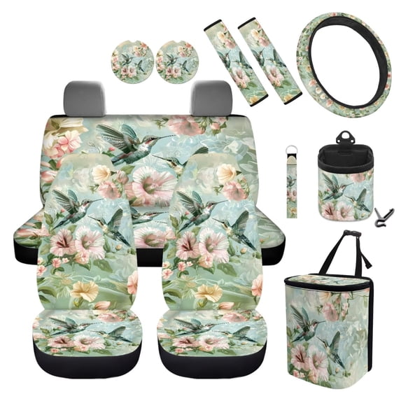 Jeiento Hummingbird Car Front Back Seat Covers with Steering Wheel Cover Seat Belt Pads Flower Cup Coasters Garbage Cans Keychain Blue Air Vent Storage Holder Set of 12 Green
