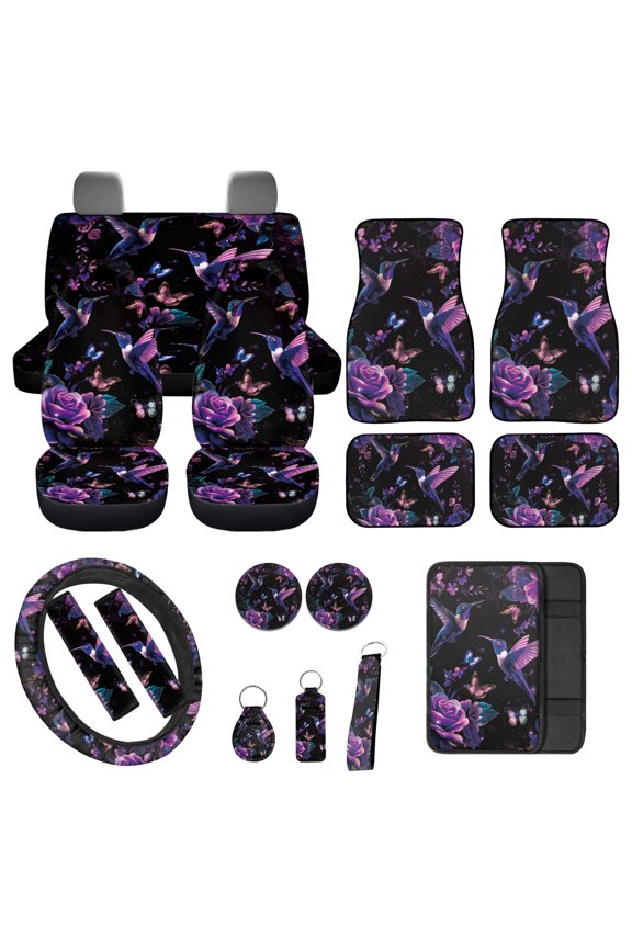 Hummingbird Car Interior Set for Women, 17 Pcs Car Seat Cover with Floor Mats Rose Steering Wheel Cover Armrest Cover Sear Belt Cover, Universal Fits for Most Cars Truck SUV Sedan, Purple