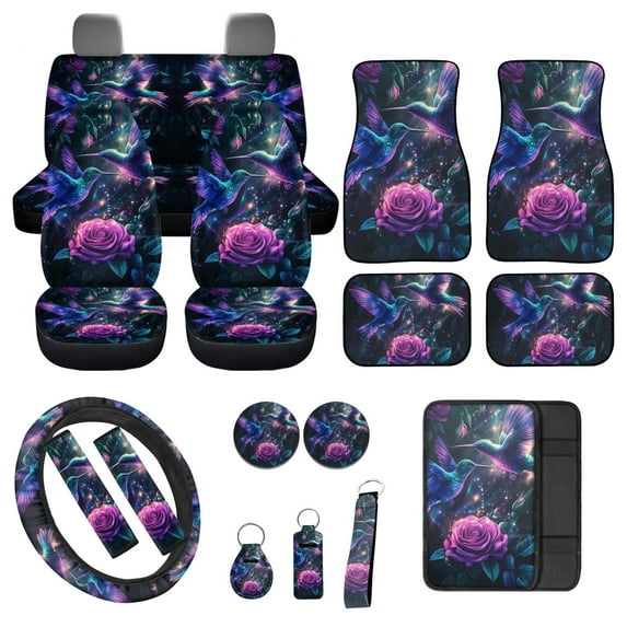 Jeiento Hummingbird Car Seat Cover Full Set, Flower Front and Back Seat, Floor Mat, Steering Wheel, Armrest, Seatbelt Strap, Decorative Auto Interior Accessories, Purple, 17 Pack