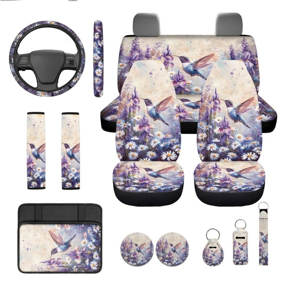 Jeiento Hummingbird Car Seat Cover Set Daisy Steering Wheel Cover Seat Belt Covers Center Console Pad Coasters Lipstick Sleeve Pouch Key Ring, 13 pcs Set, Purple