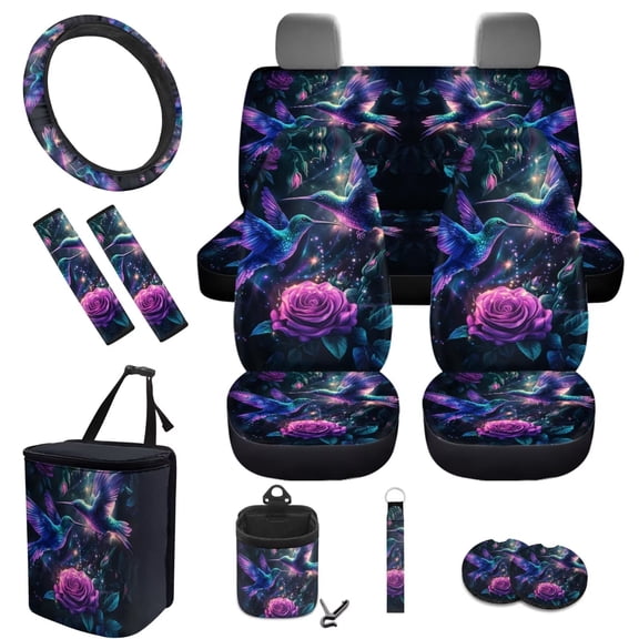 Jeiento Hummingbird Car Seat Cover Split Covers for Women, Steering Wheel Cover Seat Belt Strap Pad Trash Bag Mount Phone Holder Cup Holder Purple Rose Key Chain, 12 PCS