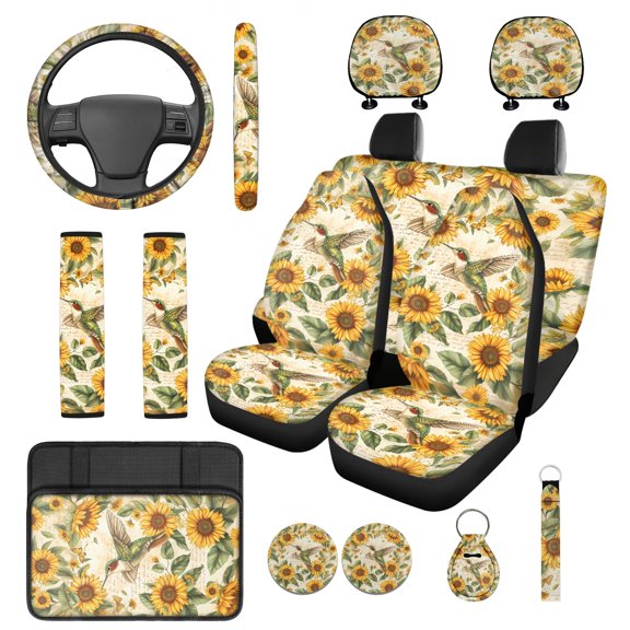 Jeiento Hummingbird Car Seat Covers Full Set of 14 Steering Wheel Cover Center Console Pad Seatbelt Pad Headrest Covers Sunflower Cup Holders Universal Auto Accessories Fit for Most Vehicles